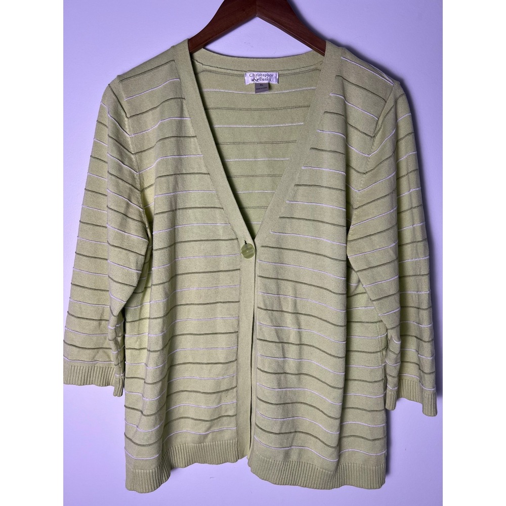 Vtg Y2K Cardigan Sweater Wm XL Green Striped V-Neck Granny Cottage Boho Eclectic